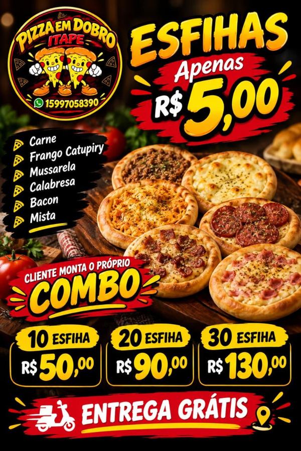 Esfihas apenas R$ 5,00. Combos de 10, 20 e 30. Entrega grátis